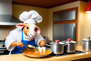 Anthropomorphic sheep wearing a chef hat cooking soup