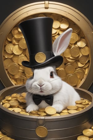 Anthropomorphic rabbit playing in a vault of gold coins wearing a top hat and monocle 