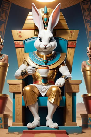 Anthropomorphic rabbit dressed as an Egyptian god holding takeaway coffee in paw sitting on throne, Egyptian camp