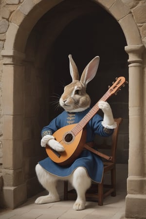 Anthropomorphic rabbit dressed as medieval minstrel, playing a lute, castle throne room