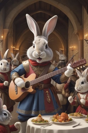 Anthropomorphic rabbit dressed as medieval minstrel, playing an electric guitar , crowded castle banquet room, cheering medieval girls