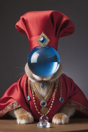 Anthropomorphic rabbit, dressed as a fortune teller, wearing a red silk turban with a sparkling blue jewel in the centre, looking into Crystal ball