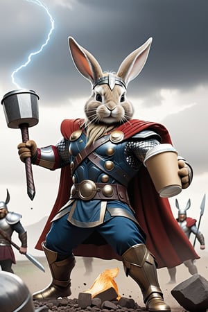 Anthropomorphic rabbit dressed like Thor holding mjolnir in one paw and a takeaway coffee in the other paw, fighting vikings on a battlefield 