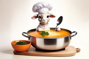 Anthropomorphic lamb wearing a chef hat cooking soup