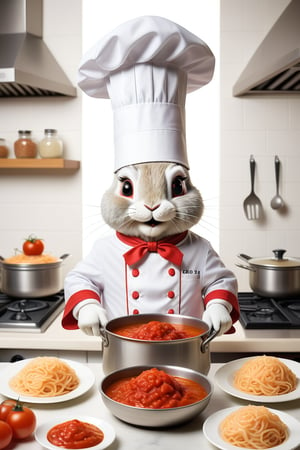 Cute Anthropomorphic rabbit chef cooking brains in marinara sauce