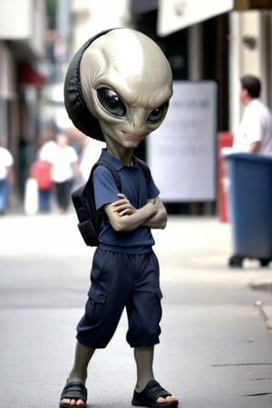 Adorable little alien xenomorph walking down public street, wearing a school uniform,Paul1024,ALIEN