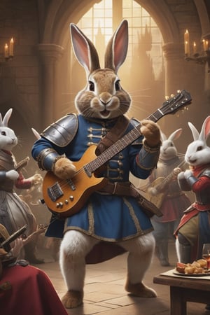 Anthropomorphic rabbit dressed as medieval minstrel, wildly playing heavy metal on an electric guitar , crowded castle banquet room, cheering medieval girls