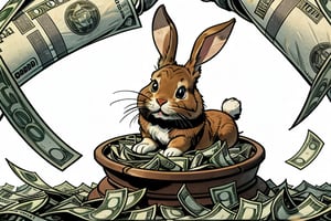 Anthropomorphic rabbit playing in a pile of money