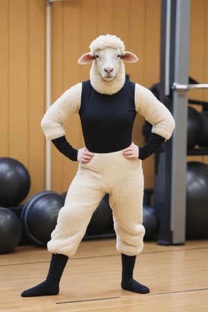Anthropomorphic sheep wearing leg warmers and leotard, in gym