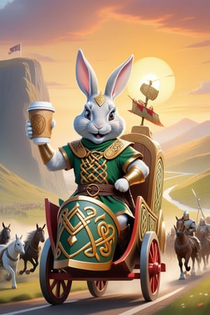 Anthropomorphic rabbit dressed as a celtic god holding takeaway coffee in paw, celtic sword and shield on his back, riding a battle chariot pulled by horses, scottish glen at sunrise,