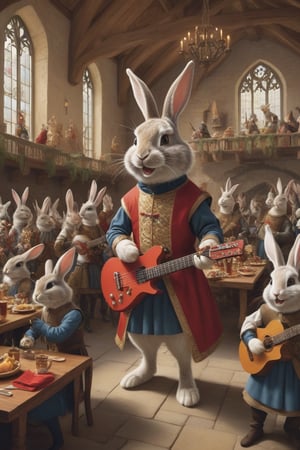 Anthropomorphic rabbit dressed as medieval minstrel, playing an electric guitar , crowded castle banquet room, cheering medieval girls