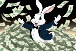 Anthropomorphic rabbit playing in a pile of money
