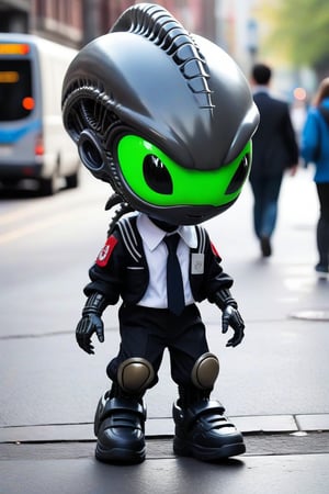 Adorable little alien xenomorph walking down public street, wearing a school uniform 
