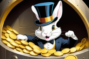 Anthropomorphic rabbit playing in a vault of gold coins,wearing a top hat and monocle 