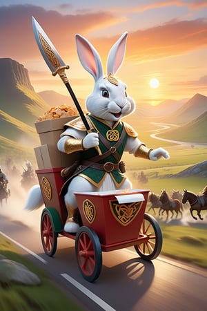 Anthropomorphic rabbit dressed as a celtic god holding takeaway coffee in paw, celtic sword and shield on his back, riding a battle chariot pulled by horses, scottish glen at sunrise, battlefield scene