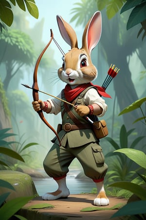 Cute Anthropomorphic rabbit wearing red bandana and combat trousers, aiming a bow and arrow, jungle scene 