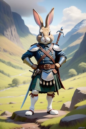 Anthropomorphic rabbit warrior in a kilt,holding a claymore, Scottish glen scene