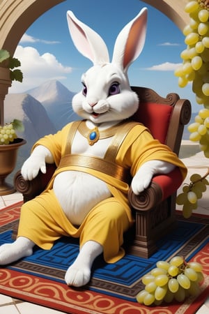 Anthropomorphic rabbit drssed like a greek God, mount olympus, reclining on a rug eating grapes