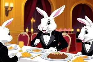 Anthropomorphic rabbit wearing a dark suit and  eating at a banquet table


