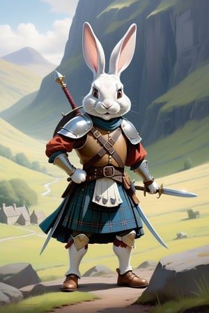 Anthropomorphic rabbit warrior in a full kilt,holding a claymore, Scottish glen scene