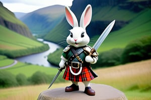 Anthropomorphic rabbit in a kilt,holding a claymore, Scottish glen scene