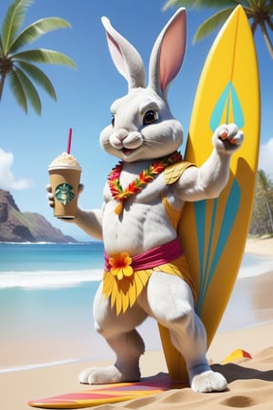 Anthropomorphic rabbit dressed as a hawaian god holding surfboard one paw and a takeaway coffee in the other paw, beach