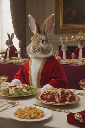 Anthropomorphic rabbit sitting at a banquet table, table covered in food, wearing red velvet robes and a gold crown
