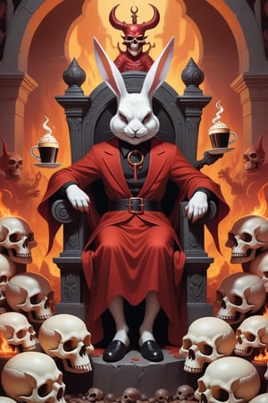 Anthropomorphic rabbit dressed as Satan holding takeaway coffee in paw, sitting on a throne of skulls in Hell 