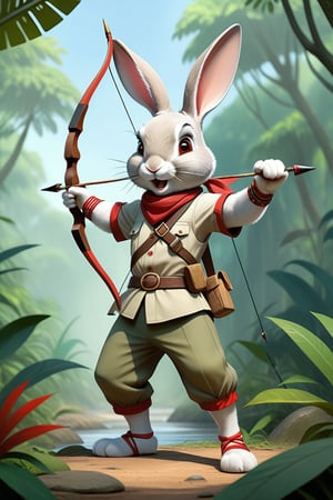 Cute Anthropomorphic rabbit wearing red bandana and combat trousers, aiming a bow and arrow, jungle scene 