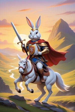 Anthropomorphic rabbit dressed as a Cú Chulainn holding takeaway coffee in paw, celtic sword and shield on his back, riding a horse, scottish glen at sunrise,