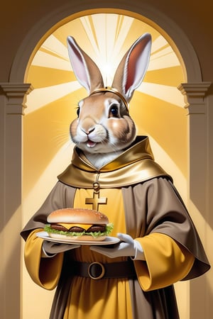 Anthropomorphic rabbit dressed as Saint Francis of Assisi, holding takeaway coffee in one paw and a cheeseburger in the other paw,style of a renaissance painting, golden halo behind rabbit's head, rays of golden light shining on cheeseburger 