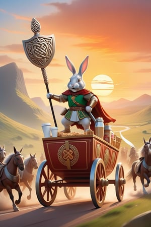 Anthropomorphic rabbit dressed as a celtic god holding takeaway coffee in paw, celtic sword and shield on his back, riding a battle chariot pulled by horses, scottish glen at sunrise, battlefield scene