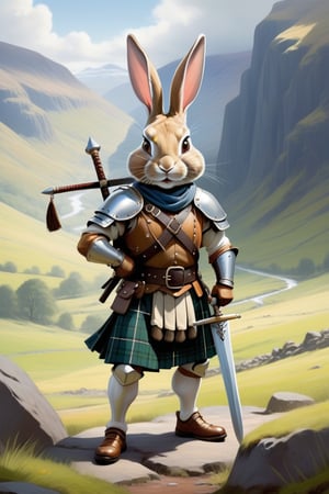 Anthropomorphic rabbit warrior in a full kilt,holding a claymore, Scottish glen scene