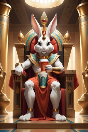 Anthropomorphic rabbit dressed as an Egyptian god holding takeaway coffee in paw sitting on throne, Egyptian throne room
