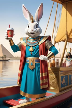 Anthropomorphic rabbit dressed as an Egyptian god holding takeaway coffee in paw, pharaoh's royal barge on the Nile