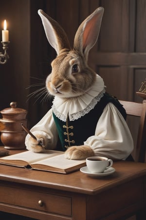 Anthropomorphic rabbit dressed as Shakespeare, sitting at a medieval writing desk holding a quill and a coffee cup