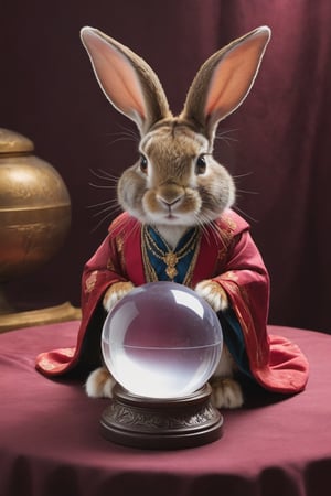 Anthropomorphic rabbit, dressed as a fortune teller, looking into Crystal ball
