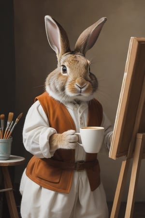 Anthropomorphic rabbit dressed as Michaelangelo, standing at an easel holding a paintbrush and a coffee cup, renaissance art studio, beautiful painting of a 2oman on the easel