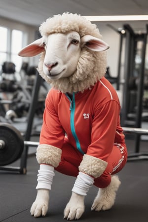 Anthropomorphic sheep dressed in 1980s workout clothes