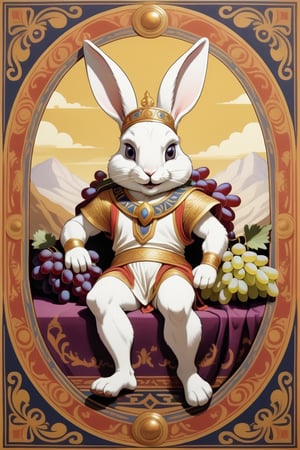 Anthropomorphic rabbit drssed like a greek God, mount olympus, reclining on a rug eating grapes