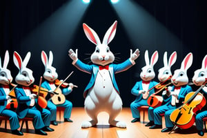 Anthropomorphic rabbit conducting an orchestra 