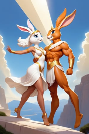 Anthropomorphic rabbit dressed like a greek God seducing a human woman, mount olympus, 