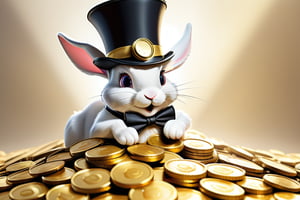 Anthropomorphic rabbit playing in a pile of gold coins,wearing a top hat and monocle 