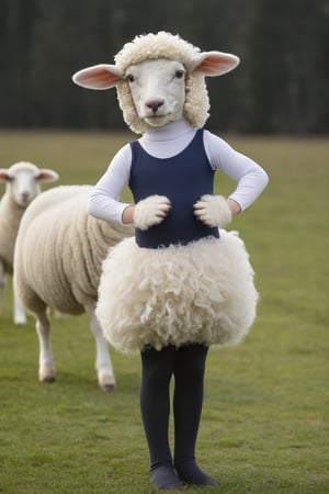 Anthropomorphic sheep dressed leg warmers and leotard