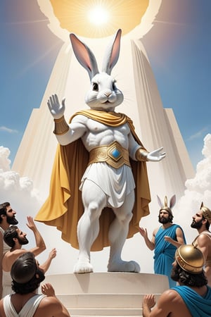 Anthropomorphic rabbit dressed like a greek God, mount olympus, being worshipped by humans 