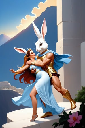 Anthropomorphic rabbit dressed like a greek God seducing a human woman, mount olympus, 