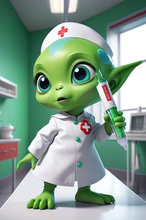 Adorable little green alien holding a huge syringe, hospital scene, wearing a 1950s style nurse uniform
