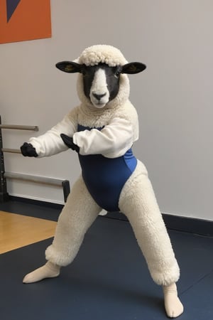 Anthropomorphic sheep wearing leg warmers and leotard, in gym, doing the splits