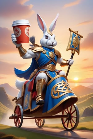 Anthropomorphic rabbit dressed as a Cú Chulainn holding takeaway coffee in paw, celtic sword and shield on his back, riding a horse chariot, scottish glen at sunrise,