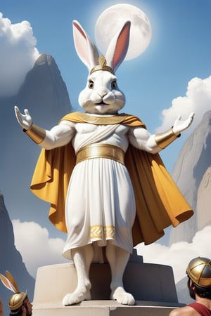 Anthropomorphic rabbit dressed like a greek God, mount olympus, being worshipped by humans 